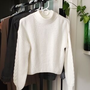 BP NWT Cable Knit Balloon Sleeve Sweater Beige Oatmeal Light Heather XS Orig $45